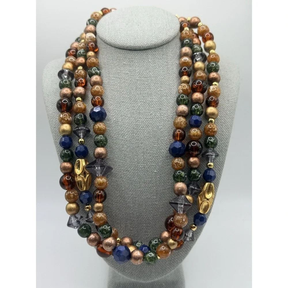 Vintage Colorful Beaded Necklace Triple Strand Gold Tone 14-17